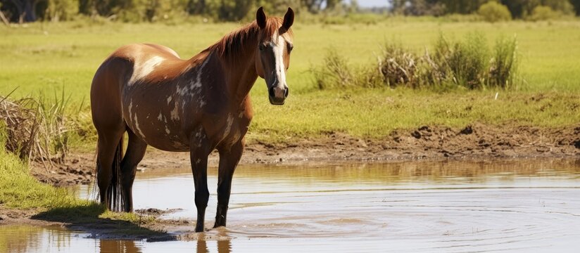 Horse in natural paddock system, with water pool and scratching.