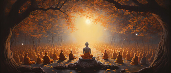 Makha Bucha Day is an important day for Theravada Buddhists. It was a day when 1,250 monks met without an appointment. Concept of important days in Buddhism - obrazy, fototapety, plakaty