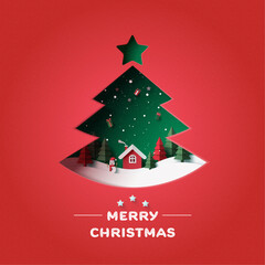 Green christmas Tree decorated. Merry Christmas and winter season on red background. Vector illustration in paper art craft