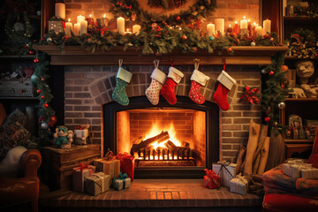 Fireplace decorated with vintage style Christmas red stockings, retro garlands, Vintage fireplace with crackling fire