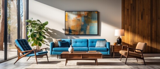 Mid century modern living room with blue chair and wood paneling - obrazy, fototapety, plakaty