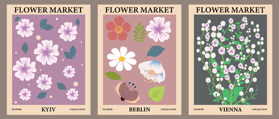 Flower market poster concept template. Can be used for cards, wall art, banners, posters. Wildflowers vector illustration.