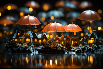 House under umbrella white raining on black studio background. Copy paste, place for text. Home insurance residential home, real estate mortgage protection security safety business investment concept