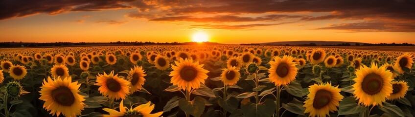 Sunflowers with a backdrop of a setting sun casting golden hues.