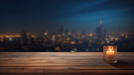  a lit candle on a wooden table in front of a view of a city at night with a cityscape in the background. - obrazy, fototapety, plakaty