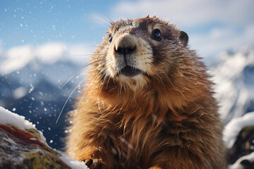 Groundhog looks out of a hole on a winter snowy day, Groundhog Day holiday concept