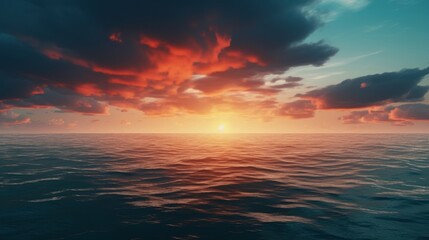  a sunset over a body of water with a boat in the middle of the water and clouds in the sky.