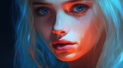  a digital painting of a woman's face with blue hair and orange and red lights on her face and eyes.