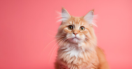 a peach cat on a studio pink background. close-up. portrait of a pet.