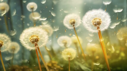  a bunch of dandelions blowing in the wind with a blue sky in the back ground and grass in the foreground.