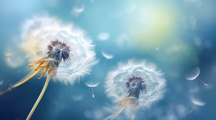  a close up of a dandelion blowing in the wind with a blue sky in the backround.