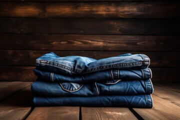  a stack of blue jeans sitting on top of a wooden floor in front of a wooden wall and a wooden floor.