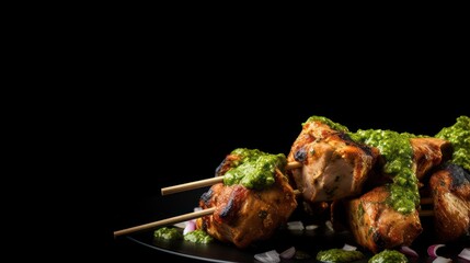  a black plate topped with meat covered in green sauce and garnished with onions and cilantro on a black background.