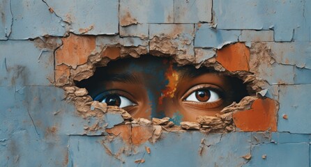  a close up of a person's face through a hole in a wall with paint peeling off of it.