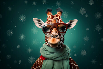 Portrait of cute giraffe head in Santa hat with copy-space. Close-up of funny animal in red Christmas hat. Happy New Year and Merry Christmas banner.