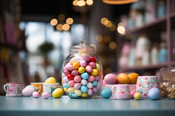 Sweet Easter Day celebration: Whimsical Easter egg-themed empty table in focus, the interior of a playful candy shop with a blurred background of festive Easter treats.