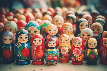Fototapeta na wymiar Brightly painted population of wooden Matryoshka or Babuska stacking dolls. Varying sizes. Females faces with red lipstick and rosy cheeks. Girls in traditional floral dresses and scarfs?
