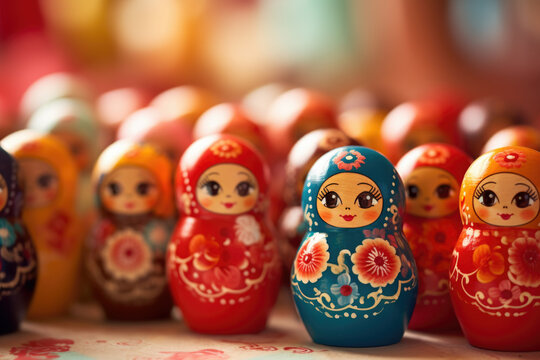 Brightly painted population of wooden Matryoshka or Babuska stacking dolls. Varying sizes. Females faces with red lipstick and rosy cheeks. Girls in traditional floral dresses and scarfs?