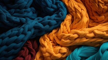  a close up of a bunch of different colors of yarn on a piece of cloth that looks like a chain. - obrazy, fototapety, plakaty