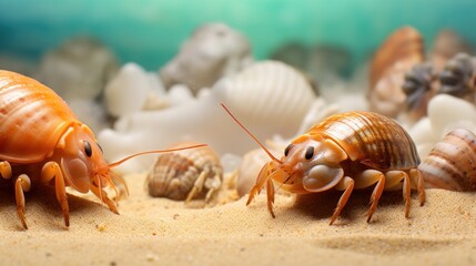  a close up of a couple of animals in the sand with shells on the side of the sand and water in the background.
