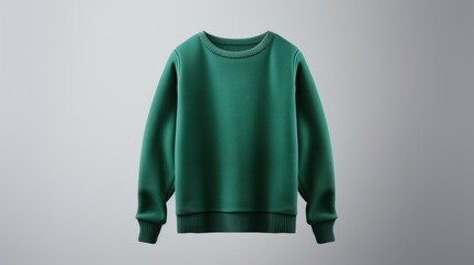  a green sweater hanging on a hanger in front of a gray background with a white wall in the background.