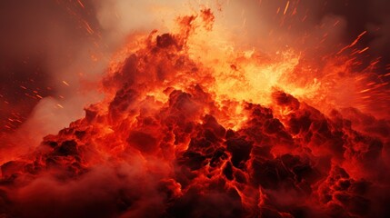  a huge pile of rocks covered in red and orange fire and smoke as it erupts into the air.