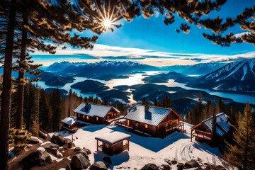 winter landscape in the mountains ,  Cradled by azure skies, Skyview Ridge Village entices with its mountaintop cabins and breathtaking views of the celestial expanse.