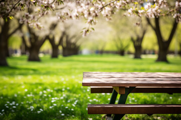 Freshly mowed grass empty picnic table in focus, the interior of a vibrant park with a backdrop of blossoming trees, ready for a lively spring sale promotion...