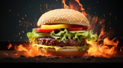  a hamburger with lettuce, tomato, and cheese on a sesame seed bun with fire in the background.