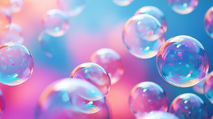  a bunch of soap bubbles floating on a blue, pink, and pink background with bubbles floating in the air. - obrazy, fototapety, plakaty