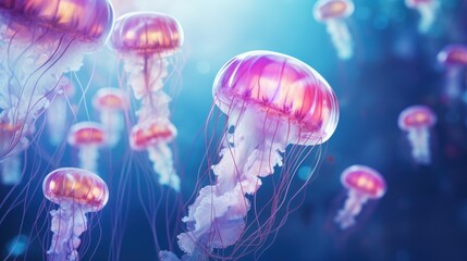  a group of jellyfish floating in the ocean on a bright blue and purple background with sunlight coming through the top of the jellyfish.