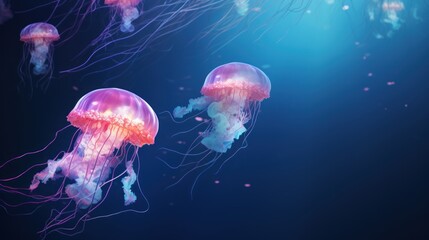  a group of jellyfish floating in a blue water filled with lots of pink and purple jellyfish floating in the air. - obrazy, fototapety, plakaty