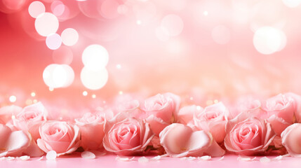 Pink gradient background with pink roses, Festive background banner with bokeh. For Mother's Day, March 8 international Women's Day, birthday, Spring Easter Holiday Concept. Copy space.