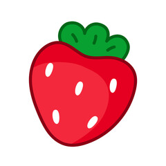 Strawberry. Sweet fruit. Glossy berry. Red strawberry with green leaves cartoon style. Use for fabric, gift wrap, packaging, stickers, prints. Vector illustration in flat style