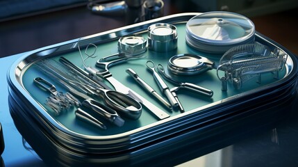 a realistic portrayal of a surgical tray with sterile instruments, awaiting use in an operating room