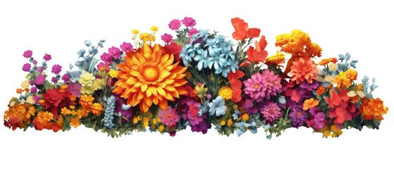 colorful flower garden in full bloom isolated on transparent background - obrazy, fototapety, plakaty