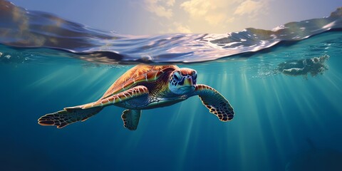 Sea turtle or marine turtle swimming in ocean. Generative AI  - obrazy, fototapety, plakaty