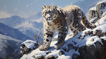 the elusive elegance of a snow leopard navigating a rocky mountain terrain