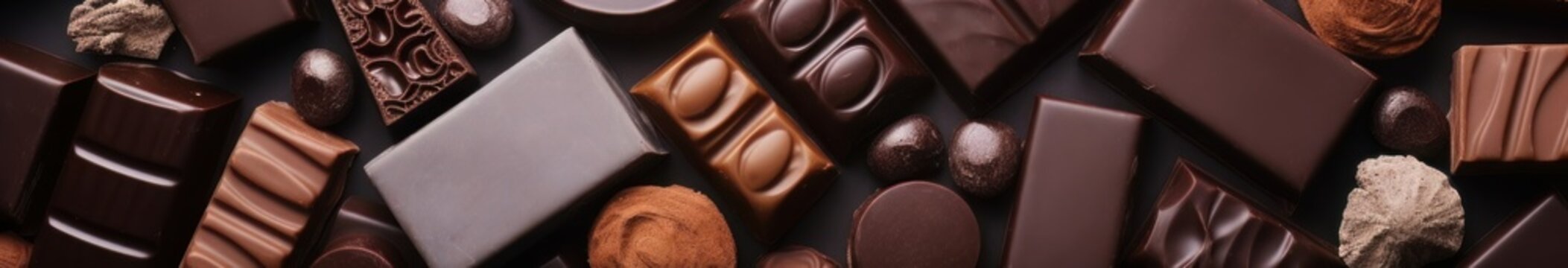 Various types of chocolate. Background with copy space. Generative AI  