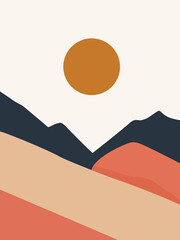 Abstract contemporary landscape boho wall art vector. Modern boho nature landscape wall art with the sun, sky, and mountains.