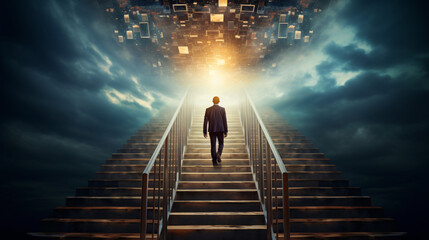 Businessman_standing_in front of the ladders - obrazy, fototapety, plakaty