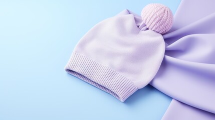  a white beanie with a pink pom - pom sitting on top of a blue and purple background.