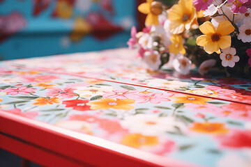 ready for a lively spring break celebration: Vibrant floral-patterned empty picnic table close-up, the interior of a cheerful outdoor cafe with a hint of blooming flowers in the background.