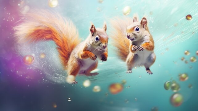  a couple of squirrels standing on their hind legs in the air with bubbles coming out of the back of them.