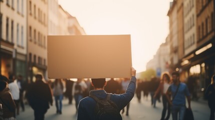  a man holding up a cardboard sign in the middle of a crowd of people walking down a street at sunset. - obrazy, fototapety, plakaty