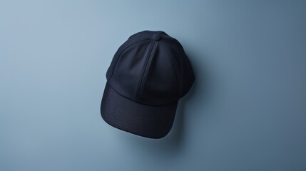  a black baseball cap on a blue background with a shadow of a baseball cap on the left side of the image.