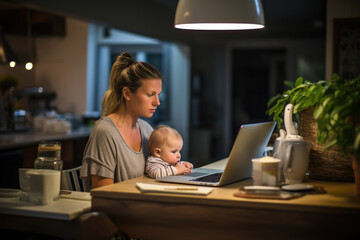 Fototapeta premium A woman holding a baby while using a laptop. Generative AI.