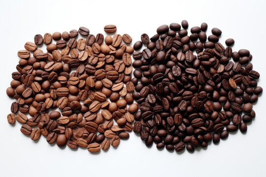 a pile of coffee beans next to a pile of coffee beans on a white surface with space for text or image.