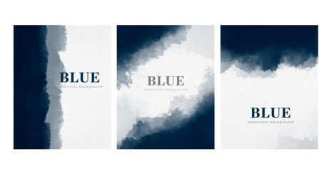 Set of abstract creative minimalist blue watercolor hand painted