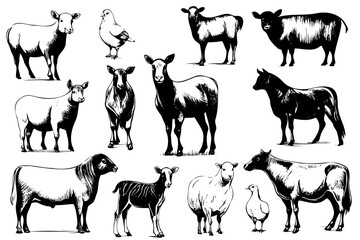 Farm animals. Set of vector sketches on a white background